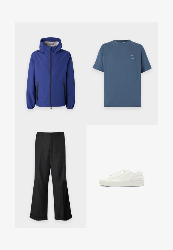 Giacca impermeabile blu con cappuccio, chiusura frontale con zip, polsini elastici e tasche con zip nere. Presenta una foderatura interna testurizzata.; T-shirt in cotone blu con collo rotondo classico, maniche corte, vestibilità rilassata e due piccoli loghi stampati sul petto. Texture liscia.; Pantaloni neri a gamba larga con vita con bottoni e orli risvoltati, esposti su uno sfondo bianco uniforme.; Sneaker bianca in pelle con tomaia testurizzata, punta tonda, design minimalista e suola in gomma con dettagli cuciti.