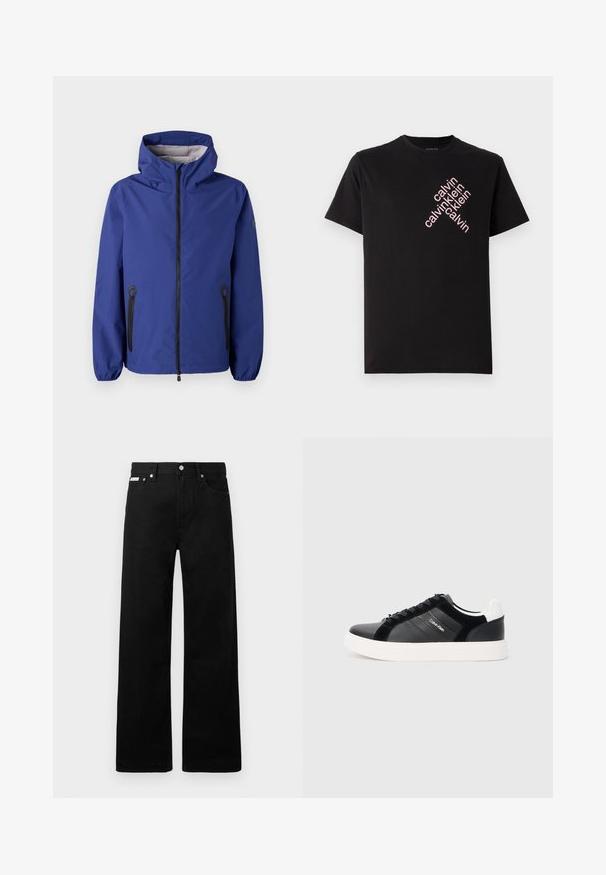 Blå vandtæt jakke med hætte, frontlynlås, elastiske manchetter og sorte lynlåslommer. Har en tekstureret inderside.; Sort bomulds T-shirt med et diagonalt pink "calvin klein" logo print foran. Korte ærmer og rund halsudskæring.; Sorte denimbukser med bred ben-design, der har fem lommer og metallisk knapdetalje. Glat tekstur, uden synlige mønstre.; Sort sneaker med skinnende læder og ruskindsdele, hvid sål og sorte snørebånd. Har et logo på siden og en kontrasterende hælkant.
