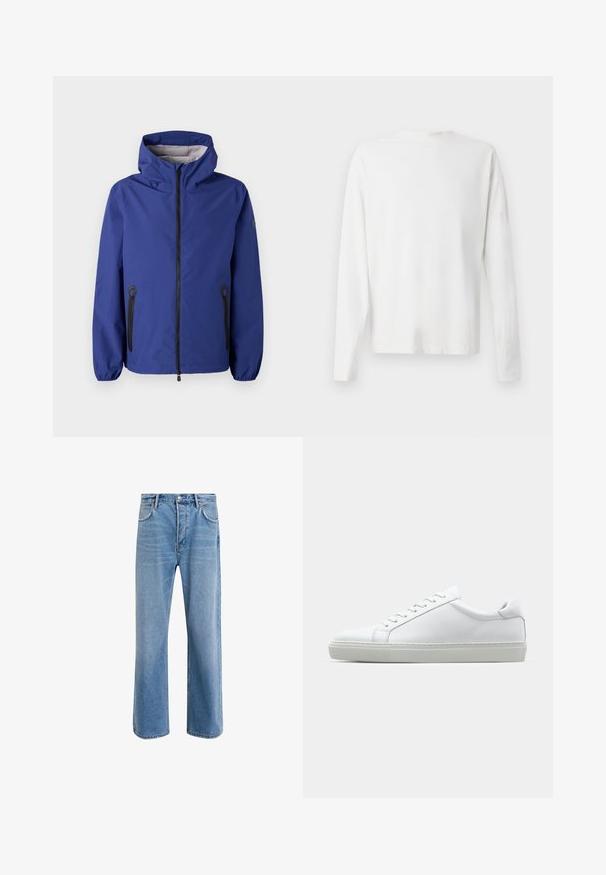 Chaqueta impermeable azul con capucha, cierre frontal con cremallera, puños elásticos y bolsillos laterales con cremallera negra. Cuenta con un forro interior texturizado.; Camisa de algodón blanca de manga larga con cuello redondo, aberturas laterales en la parte inferior y una textura suave, exhibida desde la parte de atrás.; Jeans de mezclilla azul claro con un diseño de pierna recta, cinco bolsillos, cierre de botón, ligeramente desgastados y detalles de costura en contraste.; Zapatilla blanca con parte superior de cuero liso y perfil bajo. Presenta una puntera redondeada, seis ojales y una suela de goma texturizada.