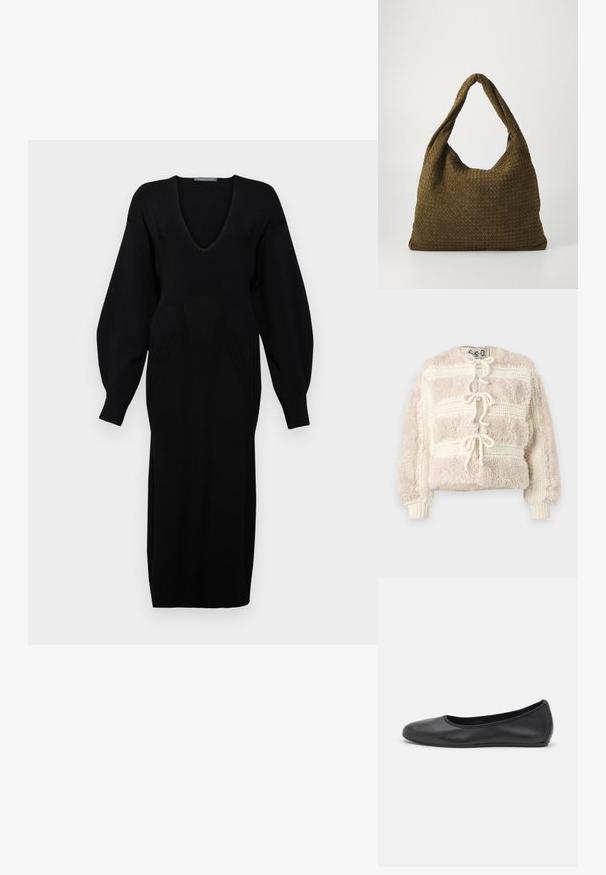 Giacca cropped in crema fuzzy con un design a maglia testurizzata, caratterizzata da una chiusura a cravatta sul davanti e polsini a coste.; Abito nero lavorato a maglia con scollatura a V profonda, maniche lunghe e voluminose, e dettagli a motivo testurizzato sul corpetto.; Pantofole da balletto nere in pelle con punta arrotondata, texture liscia, dettagli di cucitura minimi e design con suola flessibile.; Borsa in tessuto intrecciato di colore verde oliva, dalla forma ampia e arrotondata, con un'unica maniglia allungata per il trasporto. Superficie texturizzata.