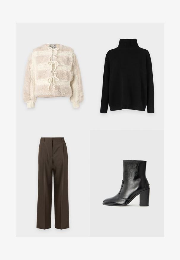 Jachetă scurtă, căptușită, de culoare crem, cu un design tricotat texturat, având un închidere cu siret în față și manșete cu nervuri.; Pulover negru tricotat, cu guler înalt cu dungi groase, umeri lăsați și croială lejeră. Are manșete și tiv cu dungi groase pentru textură.; Pantaloni largi maro, cu o textură netedă, având talie înaltă, plisse pe față și un design croitorie. Fără buzunare vizibile sau decorațiuni.; Botină din piele neagră, cu o textură netedă, vârf ascuțit și toc gros, înalt. Dispune de o deschidere laterală și un design minimalist.