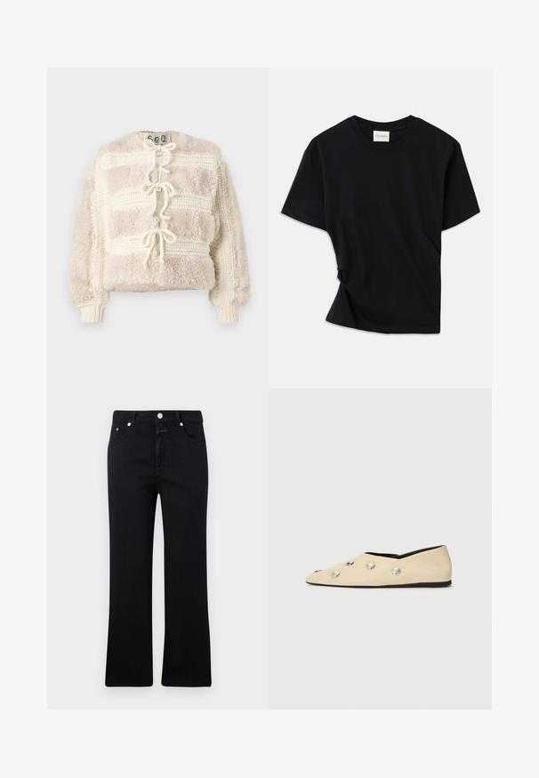 Pūkuota grietinėlės spalvos trumpa striukė su tekstūruotu mezginio dizainu, turinti rišamosios uždarymo priekį ir raukinėtas rankoves.; Juodas marškinėlis, pagamintas iš minkštos medvilnės, su apvalia iškirpte, trumpomis rankovėmis ir šiek tiek sukurtu dizainu, užtikrinančiu laisvą prigludimą.; Juodi džinsai su tiesiu kojų kirpimu, penkių kišenių stiliumi, metaliniais akcentais ir minkšta džinsinio audinio tekstūra. Minimalistinio ir vienodo atspalvio.; CLOSED Balerinos stiliaus laivutės - ecru