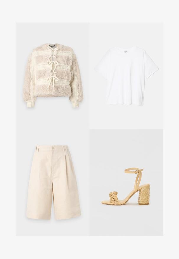 Fuzzy cream-colored cropped jacket with a textured knit design, featuring a tie closure at the front and ribbed cuffs.; White cotton t-shirt with short sleeves, round neckline, relaxed fit, and stitched hem. Label visible on the inside neck.; Beige linen shorts with a relaxed fit, featuring a button closure, pleated design, and knee-length cut. Smooth texture and simple style.; Beige high-heeled sandal with a braided texture, featuring a decorative flower and ankle strap. Square-shaped heel adds stability.