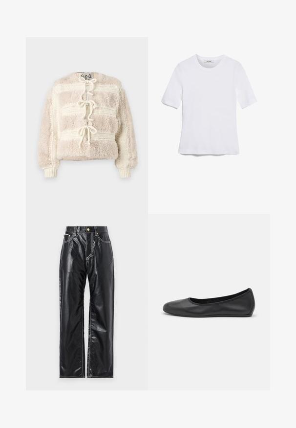 Chlpatá krémová skrátená bunda s textúrovaným pleteným dizajnom, s viazacím uzáverom vpredu a rebrovanými manžetami.; Biela krátka tričko s krátkymi rukávmi vyrobené z rebrovanej látky. Klasický okrúhly výstrih, bežný strih a jemné švy. Bez vzorov alebo grafiky.; Čierne nohavice z faux kože so širokým strihom, s bielym prešívaním, prednými vreckami a zlatým gombíkom na páse.; Čierne kožené baleríny s okrúhlou špičkou, hladkým povrchom, minimálnym prešívaním a flexibilným dizajnom podrážky.