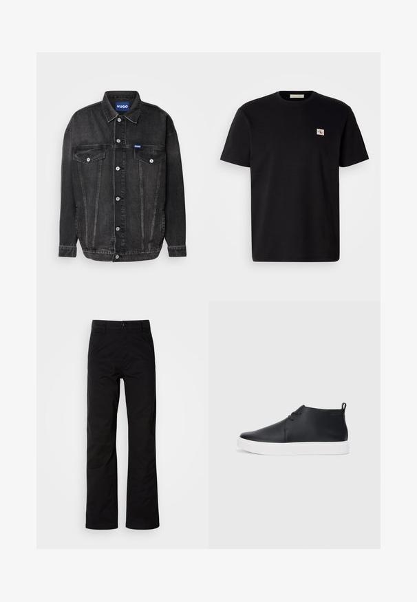 Mustat farkutakki, jossa on nappikiinnitys edessä, kaksi rintataskua ja kontrastiväriset hopeiset yksityiskohdat. Kaulus ja rento istuvuus korostavat sen muotoilua.; Musta puuvillapaita lyhyillä hihoilla, pyöreällä kauluksella ja pienellä kirjailulla vasemmassa rinnassa. Sujuva pinta, normaali malli.; Mustat puuvillahousut, joissa on suora lahje, napin kiinnitys ja vyölenkit. Tasainen pinta ja minimalistinen tyyli ilman näkyviä kuvioita.; Musta nahkainen korkeavartinen lenkkari, jossa on sileä pinta, valkoinen kumipohja ja yksinkertainen nauhoitusdesign. Takana on vetoketju.