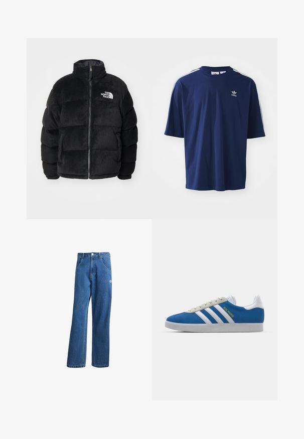 The North Face - Kurtka puchowa; Granatowa bawełniana koszulka z krótkim rękawem, okrągłym dekoltem, trzema białymi paskami na ramionach i małym białym logo na piersi.; Niebieskie dżinsy o wysokim stanie i szerokich nogawkach z przednimi kieszeniami, paskiem, zapięciem na guziki oraz małym logo Adidas na prawej udzie.; adidas Originals GAZELLE niebieski