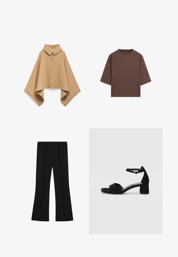 Poncho couleur chameau en laine douce, avec un col, cinq boutons sur le devant et de larges manches avec des bordures côtelées.; T-shirt marron court avec un col rond, des manches courtes et une texture douce. Conçu avec une coupe décontractée et un minimum de détails.; Pantalons noirs ajustés à taille haute, avec plis sur le devant, poches latérales et une légère évasement aux jambes.; Sandales à talons en daim noir avec une fine lanière à la cheville, design à bout ouvert et un talon carré modeste. Texture lisse et accents minimalistes.