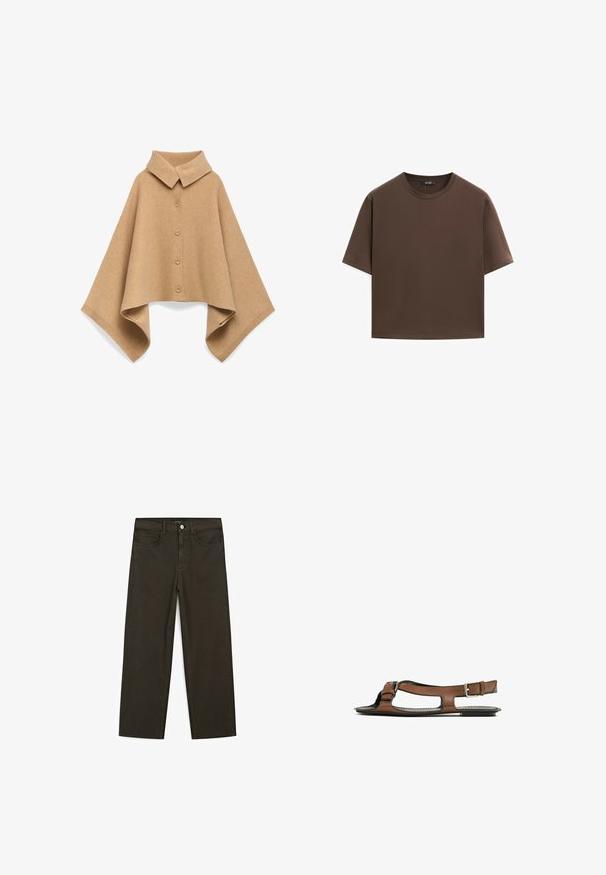 Poncho color cammello realizzato in morbida lana, con colletto, cinque bottoni sul davanti e maniche larghe con bordi a coste.; T-shirt in cotone marrone, maniche corte, collo a giro, vestibilità abbastanza ampia, texture liscia, design minimalista, senza motivi o dettagli visibili.; Jeans a gamba larga di colore verde scuro, realizzati in tessuto misto cotone, dotati di chiusura con bottone frontale, cinque tasche e cuciture classiche in denim.; Sandal in pelle marrone con punta aperta e ritagli laterali. Presenta una fascia alla caviglia con una fibbia metallica e una suola piatta.