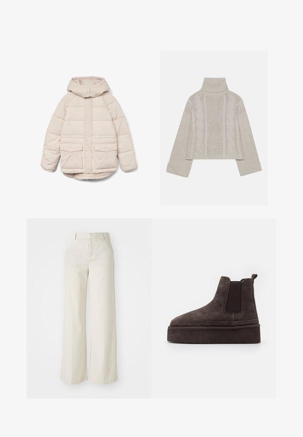 Jasno beżowa pikowana kurtka z kapturem, dwoma przednimi kieszeniami, zatrzaskami i przeszyciami zapewniającymi izolację. Gładka, miękka w dotyku.; Skórzana szara sweter z wysokim kołnierzem i ściągaczami, z teksturowanymi wzorami w warkocze z tyłu i po bokach.; Spodnie o szerokich nogawkach w jasnobeżowym kolorze, wykonane z gładkiego materiału. Posiadają klasyczny pas i płaski przód z czystymi liniami.; Brązowe zamszowe botki typu Chelsea z elastycznymi bocznymi panelami i grubą, fakturowaną podeszwą platformową. Posiadają pętlę z tyłu dla łatwego zakładania.