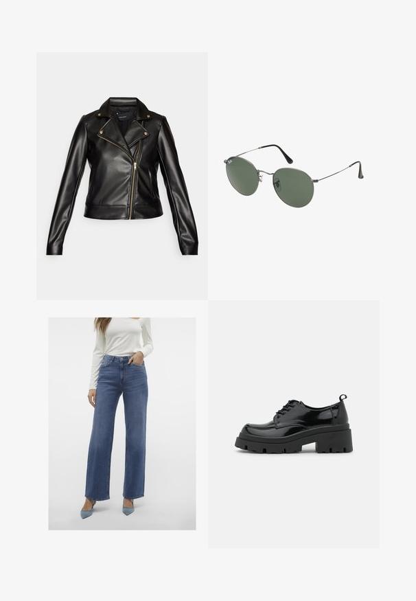 Camisa de couro preto com design ajustado, ferragens prateadas, fecho diagonal e colarinho de pressão. Textura suave, corte sob medida e sem adornos.; Duas blusas sem mangas em preto e branco, feitas de algodão canelado, com decotes redondos e um design ajustado. Etiquetas visíveis em ambas.; Jeans de perna larga, de cintura alta, em azul claro, com design de cinco bolsos, fecho com botão e passantes para cinto, combinados com uma blusa justa de manga longa branca.; Sapatos pretos deverniz com uma sola de plataforma chunky e cadarços grossos. Bico arredondado, detalhes mínimos e uma pequena aba no calcanhar.; Óculos de sol com armação metálica e lentes verdes ovais. Armação fina em metal prateado e pontas das orelhas pretas. Design minimalista, sem logótipos visíveis.