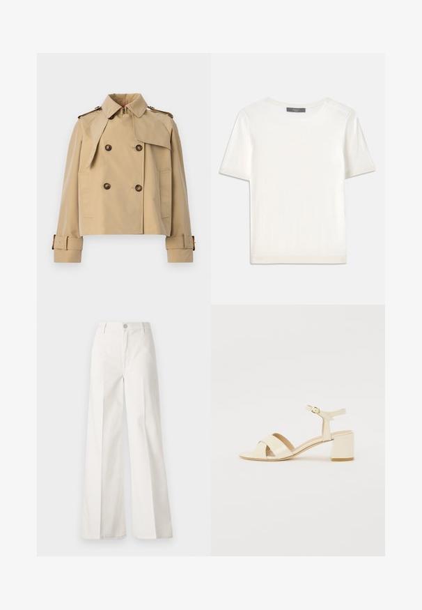 Bežinė trumpa tranšėja su dvigubos sagos uždarymu, dideliais peties apverčiamais, ir diržinėmis rankovėmis. Pagaminta iš glotnaus, lengvo audinio.; Baltas trumpas rankovėmis megztinis su apvaliu kaklu, pasižymintis lygia tekstūra ir subtiliais raštuotais akcentais rankovėse bei apykaulyje.; Balti platūs baltos spalvos keliai, pagaminti iš medvilnės su lygiu paviršiumi. Yra priekinis mygtukas, užtrauktukas ir keturi kišenės.; Bežinės patentinės odos aukštakulnės šlepetės su kryžminiu dirželiu, atvira nosimi, reguliuojamu kulkšnies dirželiu ir blokuotu kulnu. Lygi tekstūra.