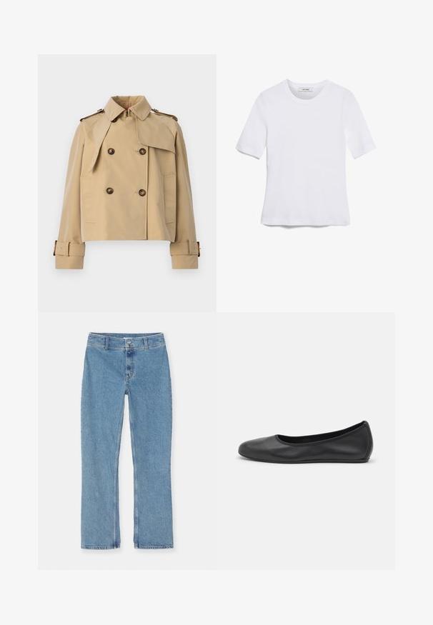 Caban cropped bej cu închidere cu butoane suprapuse, clape mari pentru umeri și manșete cu curea. Fabricat dintr-un material neted și ușor.; Tricou alb cu mânecă scurtă, confectionat dintr-un material texturat. Gât rotund, tăietură regulară și detalii subtile de cusătură. Fără modele sau grafice.; Jeans drept, de culoare albastră deschisă, din denim, cu închidere cu nasture și fermoar, bucle pentru curea și cusături standard pe un fundal alb.; Balerini din piele neagră, cu vârf rotund, textură netedă, detalii de cusătură minimale și un design al tălpii flexibil.