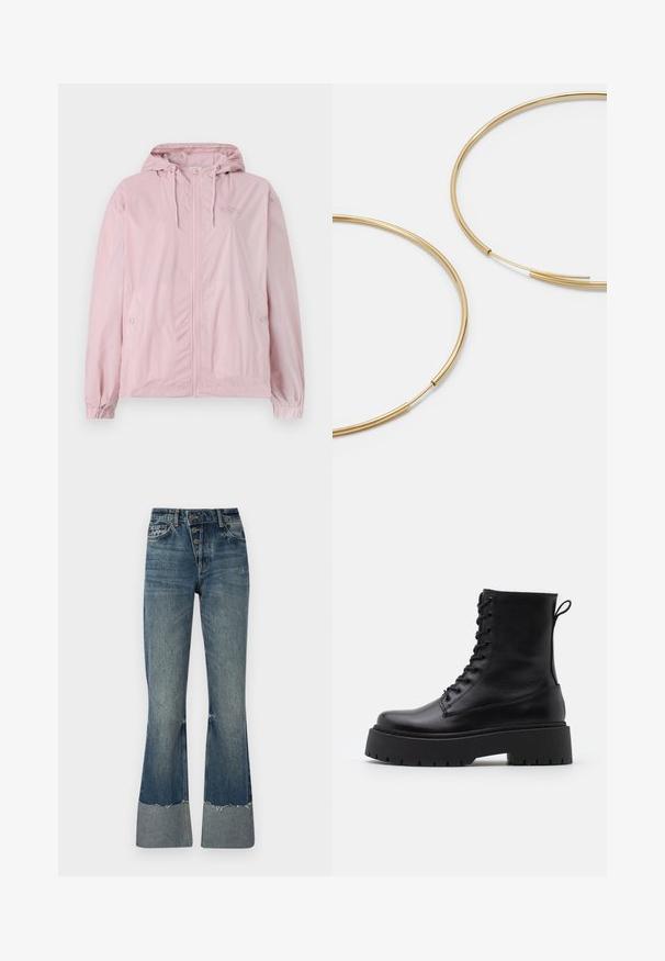 Helles rosa Windbreaker-Jacke mit Kapuze, ausgestattet mit einem Reißverschluss vorne, elastischen Manschetten und seitlichen Taschen. Das Material weist ein dezentes karierungsmuster auf.; Teal Pullover-Hoodie mit Kordelzug-Haube, langen Ärmeln und gerippten Bündchen. Hergestellt aus weichem Stoff mit einer lockeren Passform.; Jeans aus Denim in mittlerem Blau mit hoher Taille, fünf Knöpfen und ausfransendem Saum. Mit einem helleren Bündchen am Ende und verblasster Textur.; Schwarze Lederstiefeletten mit runder Zehenpartie, Schnürung vorne und einer dicken Gummisohle mit strukturiertem Profil. Mit Zugschlaufe an der Rückseite.; Goldfarbene Ohrringe in Form von dünnen, runden Kreolen, mit einer glatten, metallischen Oberfläche und ohne Verzierungen oder Muster.