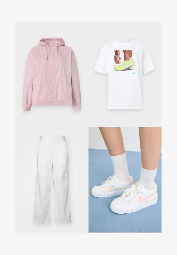 Heledad roosa tuulejope, millel on kapuuts, esi tõmblukk, elastsed mansetid ja küljetaskud. Materjalil on peen ruuduline muster.; Valge puuvillane T-särk, millel on kollaste Nike jalatsite ja siniste aktsentidega jalgade graafika, kombineeritud vasakul randmel oleva käevõruga.; Valged laiad püksid, mis on valmistatud puuvillast, omavad siledat tekstuuri, sirget lõiget, eesmine taskud ja puhtad äärised.; Valged tossud virsiku aktsentidega, siledast nahast ülemine osa, perforatsiooni mustri pool, tekstureeritud talla ja paeltega. Kantud valgete lühikeste sokkidega sinisel pinnal.