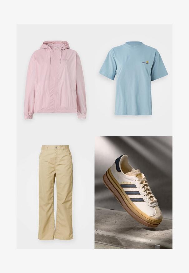 Gaiši rozā vējjakas ar kapuci, kas aprīkota ar rāvējslēdzēju priekšpusē, elastīgām aprocēm un sānu kabatām. Materiāls ir ar smalku pārbaudes rakstu.; Gaiši zils īsām piedurknēm kokvilnas T-krekls ar apaļu kaklu un mazu dzeltenu un sarkanu Carhartt logotipu uz kreisā krūtī.; Beigu kokvilnas platā kāju bikses ar gludu tekstūru, ar priekšējām kabatām un sudraba pogu pie jostas.; Adidas Gazelle sporta apavi ar krēmkrāsas zamšādas virsu, ziliem ādas aksesuāriem, trim zilām svītrām, bēšīgu starpsole un brūnu gumijas ārējo zoli.