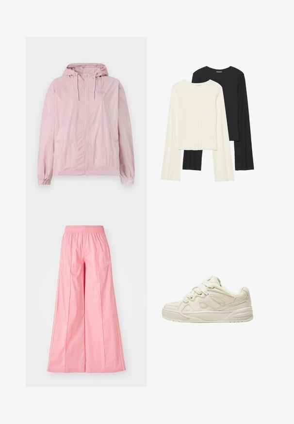 Jasnoróżowa kurtka przeciwwiatrowa z kapturem, z zamkiem z przodu, elastycznymi mankietami i bocznymi kieszeniami. Materiał ma subtelny, kratkowany wzór.; Zestaw dwóch bluzek z długim rękawem w kolorze białym i czarnym. Prążkowana struktura, okrągły dekolt, dopasowany fason z lekko rozszerzanymi rękawami.; Różowe spodnie szerokie w nogawkach, wykonane z lekkiego materiału, z elastycznym pasem i subtelnymi białymi paskami po bokach. Małe logo z przodu.; Beżowe trampki z teksturowaną cholewką, wyraźnymi sznurowadłami, siateczkowymi panelami i grubą podeszwą. Krzywy design z wyściółką w okolicy kostki dla komfortu.