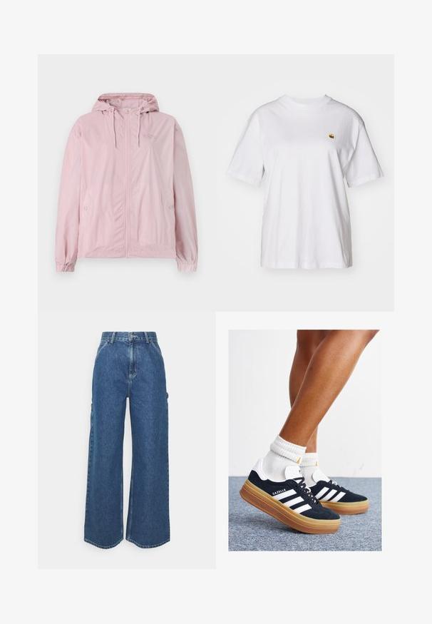 Ljusrosa vindjacka med huva, med dragkedja framtill, elastiska ärmmuddar och sidofickor. Materialet har ett subtilt rutmönster.; Vit bomull t-shirt med avslappnad passform, korta ärmar och en liten broderad logotyp på vänster bröstområde.; Breda ljusblå denimbyxor med hög midja, kontrasterande sömmar och sidofickor, som har en klassisk femficksdesign och råa kanter.; Svarta sneakers i mocka med vita ränder och detaljer, rundad tå, yttersula i gummiblandning, kombinerade med vita ribbade crew-strumpor.
