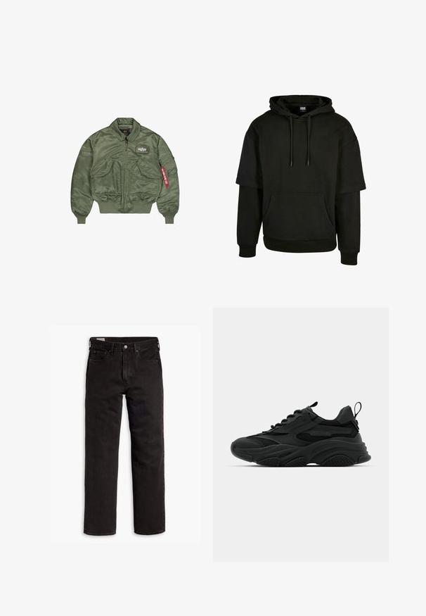 Olivengroene bomberjack van glad, glanzend nylon. Heeft een ritssluiting, gebreide manchetten en meerdere zakken met een labeldetail.; Zwarte hoodie met een kangoeroe-pocket, trekkoord kap en korte mouwen met verlengde ontwerpdetails. Gemaakt van zachte, gestructureerde stof.; Zwart-wit geruite flanellen shirt met een kraag, knopen aan de voorkant en twee voorzakken. Heeft diagonale patronen en een gestructureerde stof.; Zwarte recht gesneden denim jeans met vijf zakken, knoopsluiting en riemlussen, plat gelegd op een witte achtergrond.; Zwarte sportieve sneakers met een chunky zool, mesh panelen en rubberen accenten. Voorzien van een trekband aan de hak en gestructureerde patronen.