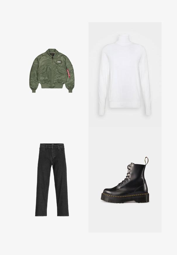 Olívazöld bomber dzseki sima, fényes nylonból. Cipzáras záródással, bordás mandzsettákkal és több zsebbel rendelkezik, címkés részlettel.; Fehér garbópulóver hosszú ujjakkal, sima anyagból készült. Illeszkedő fazonú, bordázott mandzsettákkal és alsó szegéllyel rendelkezik. Nincs rajta minta vagy díszítés.; Fekete farmernadrág egyenes szárú dizájnnal, cipzáras záródással, övhurkokkal és hat zsebbel, tartós pamut keverékből készült.; Fekete bőrből készült, fűzős bokacsizma masszív fekete talppal és sárga varrással. Hátsó húzófüllel és kör alakú fémszemekkel rendelkezik.