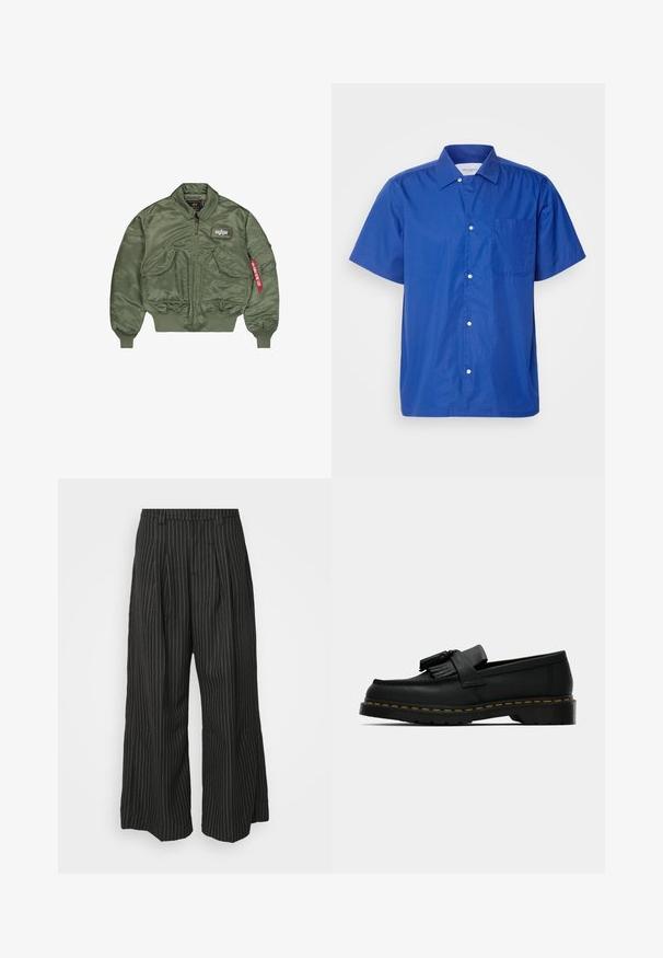 Olīvu zaļš bomber žakets, izgatavots no gludas, spīdīgas neilona. Tam ir rāvējslēdzēja aizdare, ribota aproces un vairākas kabatas ar birkas detaļu.; Kratkām piedurknēm, zila kokvilnas krekls ar pogu apkakli, priekšējo kabatu un piecām baltām pogām uz pogu aizdaru. Gluda tekstūra.; Melnas strīpainas platās bikses ar pieūgumiem, ar pielāgotu dizainu un mīkstu tekstūru. Nav redzamu detaļu vai akcentu.; Melnas ādas loafer kurpes ar pušķiem, dzeltena šuve apkārt zolei un bieza, rievota gumijas zole.