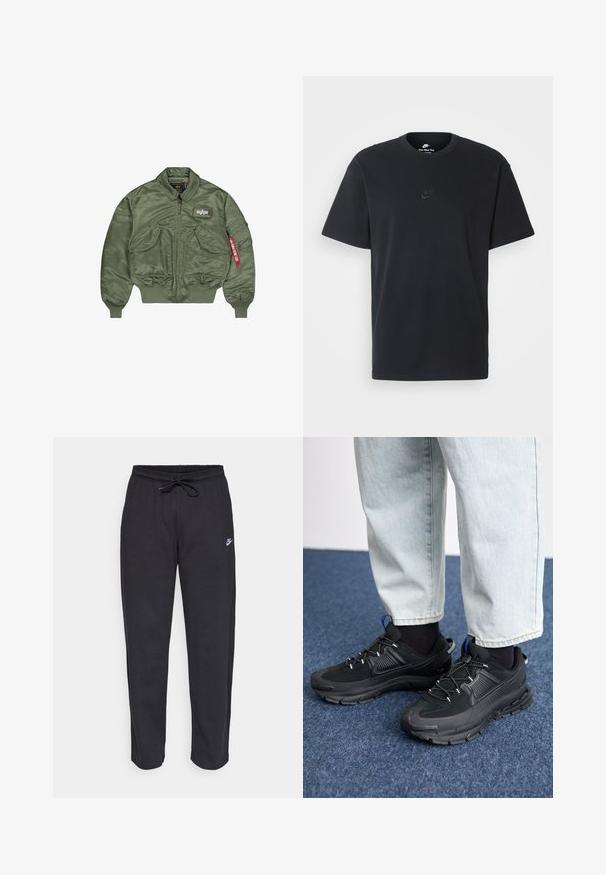 Giacca bomber verde oliva realizzata in nylon liscio e lucido. Presenta una chiusura con zip, polsini a coste e diverse tasche con un dettaglio del tag.; T-shirt in cotone nero della Nike con collo rotondo classico, maniche corte e un logo in rilievo discreto sul petto. Texture liscia.; Pantaloni della tuta neri realizzati in tessuto morbido con vita elastica, coulisse e un piccolo logo Nike sulla coscia sinistra.; Scarpe sportive nere con tessuto testurizzato e suole in gomma, dotate di lacci elastici e un accento blu sul tallone. Indossate con pantaloni in denim chiaro.