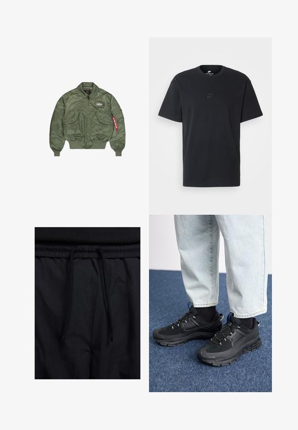 Olivgrüne Bomberjacke aus glattem, glänzendem Nylon. Verfügt über einen Reißverschluss, gerippte Bündchen und mehrere Taschen mit einem Etikett. ; Schwarzes Baumwoll-T-Shirt von Nike mit klassischem Rundhalsausschnitt, kurzen Ärmeln und einem dezenten, geprägten Logo auf der Brust. Glatte Textur.; Schwarze Shorts mit einem Kordelzugbund, leichtem Stoff mit glatter Textur und einem schlichten Design ohne sichtbare Logos oder Muster.; Schwarze Sportschuhe aus strukturiertem Stoff mit Gummisohlen, ausgestattet mit elastischen Schnürsenkeln und einem blauen Akzent an der Ferse. Getragen mit hellen Jeans.