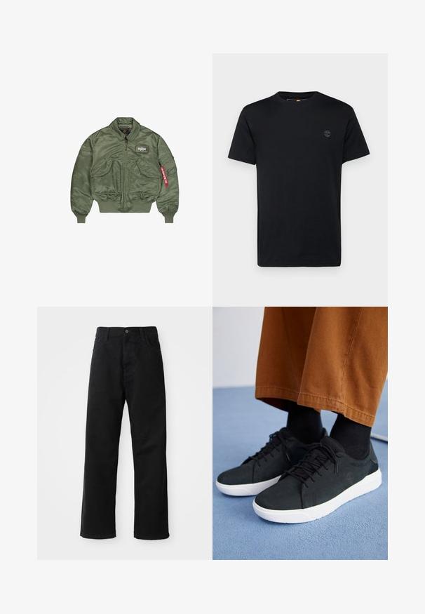 Chaqueta bomber de color verde oliva, confeccionada en nylon liso y brillante. Cuenta con cierre de cremallera, puños de canalé y múltiples bolsillos con un detalle de etiqueta.; Camiseta de algodón negra con cuello redondo, mangas cortas y un pequeño logotipo bordado en el pecho. Textura suave, corte clásico.; Pantalones de mezclilla negros con corte recto, con bolsillos frontales, cremallera y un solo botón en la parte superior. Tejido texturizado con un acabado mate.; Zapatillas de ante negro con suelas de goma blanca, que presentan un diseño con cordones, acentos texturizados y una marca sutil, combinadas con pantalones marrones.