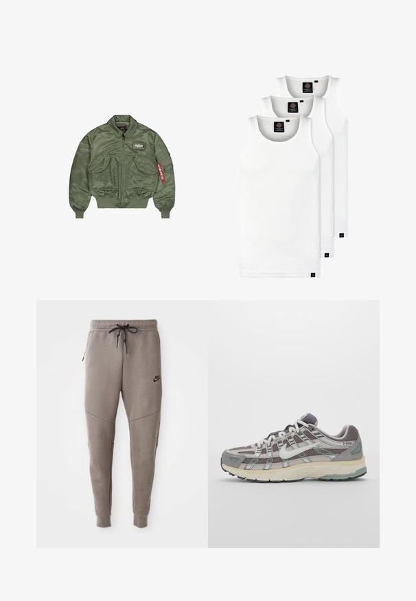 Olivengroene bomberjack van glad, glanzend nylon. Heeft een ritssluiting, gebreide manchetten en meerdere zakken met een labeldetail.; Drie witte geribde tanktops van katoen. Kenmerken zijn een ronde hals en kleine zwarte labels nabij de zoom. Verkrijgbaar in meerdere maten.; Grijze Nike-sweatpants met een verstelbare tailleband, taps toelopende benen, zijzakken en opvallende naaddetails. Zachte, gestructureerde stof.; Grijze sportieve schoen met een bovenwerk van mesh en suede, witte accenten, een gevoerde zool en een onderscheidend ontwerp met reflecterende elementen.