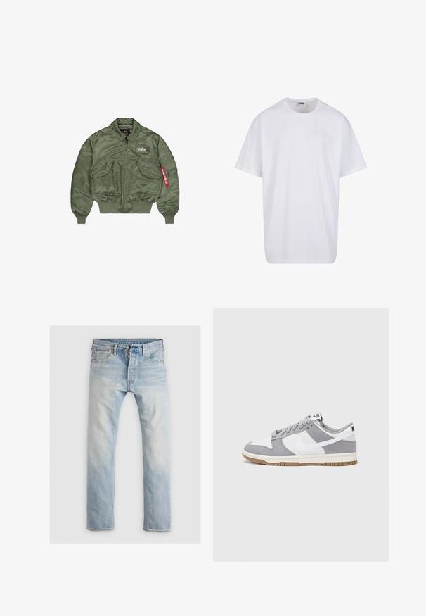 Olivově zelená bomber bunda vyrobená z hladkého, lesklého nylonu. Má zipový uzávěr, žebrované manžety a několik kapes s detailem štítku.; Bílé triko z bavlny s krátkým rukávem, kulatým výstřihem, volným střihem a bez viditelných log či vzorů. Hladká textura a minimalistický design.; Světle modré denimové džíny, rovného střihu, s vybledlým povrchem. Obsahují pět kapes, zapínání na knoflík a oranžové švy.; Šedé a bílé tenisky s svrškem z jemné kůže a kůže, kulatou špičkou, plochými tkaničkami a gumovou podrážkou s akcentem v barvě gumy.
