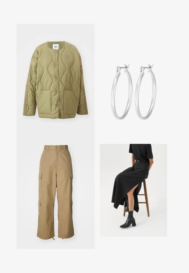 Chaki siūti švarkas su apvaliu kraštu, užsegamas mygtukais, su dviem priekinėmis kišenėmis ir subtiliu logotipu ant krūtinės. Minkšta, tekstūruota medžiaga.; Du du baltos medvilnės trumpomis rankovėmis marškiniai, su apvaliu iškirpimu ir prigludusia siluetu, turintys lygią tekstūrą ir minimalistinį dizainą.; Šviesiai rudos spalvos cargo kelnės su aukštu liemeniu, plačiomis kojomis ir keturiomis didelėmis šoninėmis kišenėmis. Pagamintos iš patvarios medžiagos su lygiu paviršiumi ir minimaliais detalėmis.; Juoda lininė maksi sijonas su aukštu plyšiu, vilkimas su juodu marškinėliu ir juodais aulinukais. Minimalistinis dizainas su laisvu siluetu.; Sidabriniai auskarai su sklandžiu, poliruotu paviršiumi. Apvalios formos ir saugus uždarymo mechanizmas. Lengvas dizainas, tinkantis kasdieniam dėvėjimui.