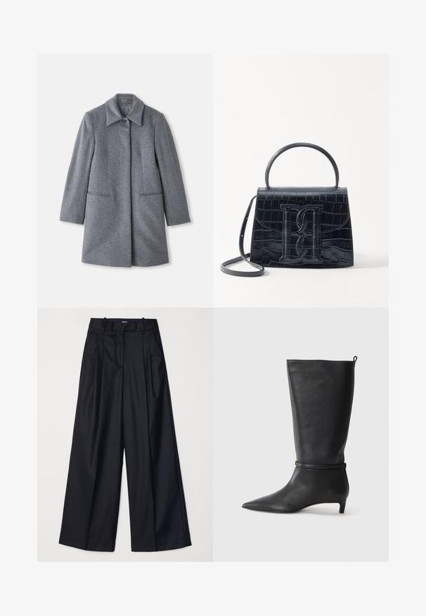Halli villane keskpikk mantel laia kraega, ühe nähtava nupuga ja kahe horisontaalse esipocketiga, esitatud valgel taustal.; Kreemist kõrge kaelusega sviiter ribaga mansettide ja servadega. Pehme tekstuur, lõdvestatud sobivus ja paks kaeluse disain. Kerge kudumine.; Mustad laiad püksid, mis on valmistatud sileda kangaga, kõrge vöökoha, voldikute ja vormitud disainiga. Vöökoha juures on lihtne must riistvara.; Must musta põlvik, terava ninaga, millel on ümber pahkluu ümar rihm ja madal, kergelt kitsenev konts. Sile tekstuur.; Must musta krokodillimustriga nahast käekott, millel on struktureeritud disain, ülemine käepide, reguleeritav rihm ja silmapaistev esiküljel logo detail.