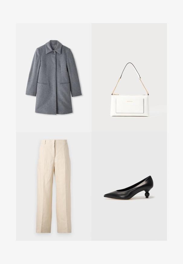 Gray wool mid-length coat with a wide collar, single visible button, and two horizontal front pockets, displayed on a white background.; White turtleneck sweater with ribbed collar and hem, featuring a soft texture and an oversized silhouette, ideal for casual wear.; Beige linen trousers with a loose fit, pleated front, and straight legs. Features a waistband with belt loops and no visible pockets.; Black leather high heel shoe with a pointed toe and a round, balled heel. Smooth texture with a sleek, minimal design.; White leather handbag with a textured finish, featuring a gold chain strap and black accents. Includes a front pocket and zipper closure.