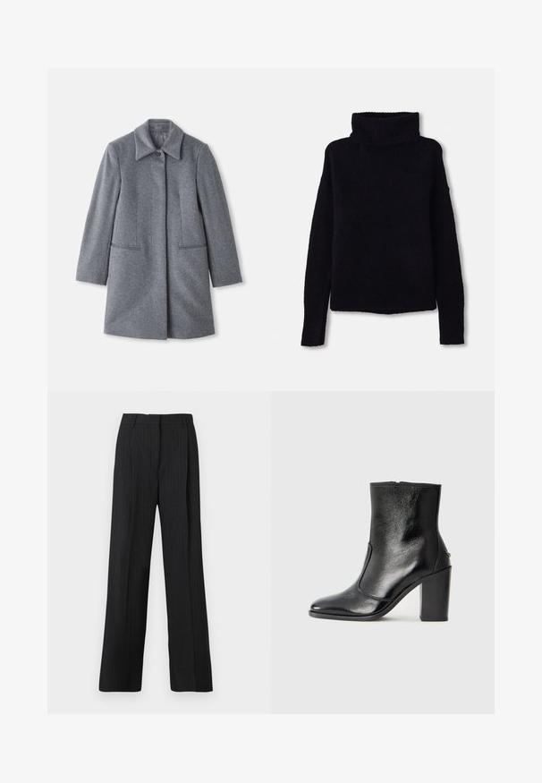 Sivi vuneni kaput srednje dužine s širokim kragnom, jednim vidljivim dugmetom i dva horizontalna prednja đepa, prikazan na bijeloj pozadini.; Crna, debela pletena puloverica s visokim, rebrastim vratom i dugim rukavima. Mekana tekstura, ravni rub, bez vidljivih uzoraka ili ukrasa.; Crne hlače s prugicama s opuštenim krojem, s ravnim prednjim dijelom, dva bočna džepa i glatkom teksturom tkanine.; Crna kožna čizma do gležnjeva s glatkom teksturom, špicastim vrhom i debelim visokim potpeticama. Ima bočni otvor i minimalistički dizajn.