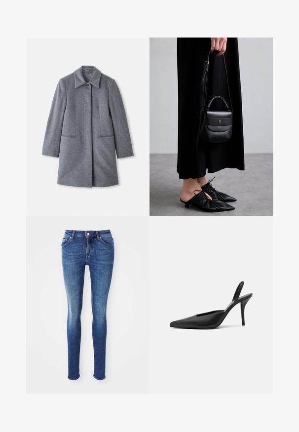 Halli villane keskpikk mantel laia kraega, ühe nähtava nupuga ja kahe horisontaalse esipocketiga, esitatud valgel taustal.; Kerge beež pika varrukaga särk kõrge kraega ja tagumise tõmbluku ning pehme, sileda kangaga; omab keha järgivat disaini ja sirget äärt.; Sinised teksad slim-fit stiilis, siledast kangast, keskmise tõusuga talje, viie taskuga ja kergelt pleekinud reite piirkonnas. Omab metallist nööpi ja tõmblukk.; Must have kottid musta värviga salke, teravaninalised, siledast nahast ja stiilse, minimalistliku disainiga. Kõrge stiletto konts.; Väike must nahast käekott ümarate vormidega, ülemise sangaga ja eemaldatava rihmaga. Kanda musta kangast kleidi ja mustade voltimisega kingadega.; Kuldse tooni rõngaskõrvarõngad keerduva disainiga, millel on sooneline tekstuur ja sile viimistlus. Kerged ja õõnsad konstruktsioonid.