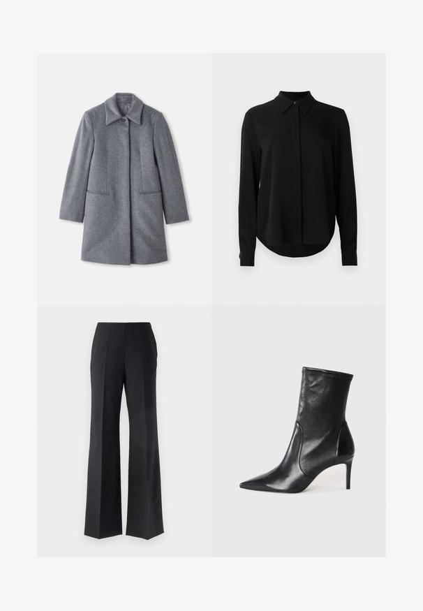 Cappotto di lana grigio di lunghezza media con ampio colletto, un unico bottone visibile e due tasche frontali orizzontali, mostrato su uno sfondo bianco.; Blusa nera a maniche lunghe con colletto a punta, patta dei bottoni nascosta e orlo curvo su uno sfondo bianco semplice.; Pantaloni neri su misura con un design a gamba svasata, caratterizzati da pieghe verticali e una texture liscia. Nessun hardware o dettaglio visibile.; Stivali neri alla caviglia realizzati in pelle liscia, caratterizzati da un punta affusolata, stivale aderente e un tacco alto e sottile. Design minimalista senza hardware visibile.