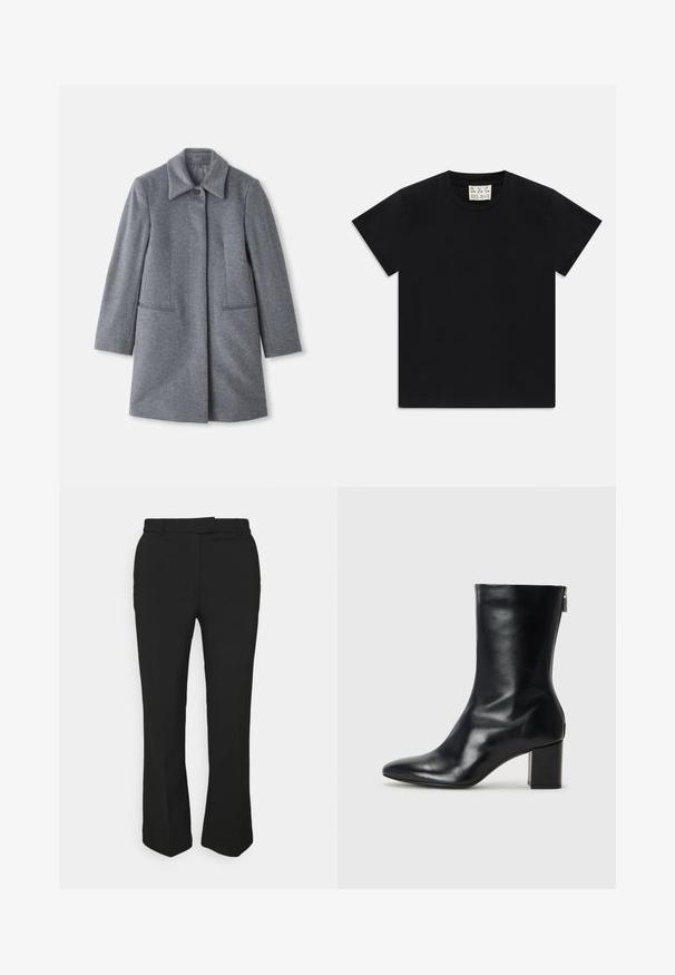 Gray wool mid-length coat with a wide collar, single visible button, and two horizontal front pockets, displayed on a white background.; Black short-sleeve crew neck t-shirt with a white tag inside the collar labeled "D.R.C. EST. 2002" on a white background.; Black tailored pants with a straight-leg design, featuring belt loops and side pockets. Made from smooth fabric with a clean finish.; Black leather ankle boot with a pointed toe and 4 cm block heel. Sleek design features a side zipper for easy wear. Smooth texture.