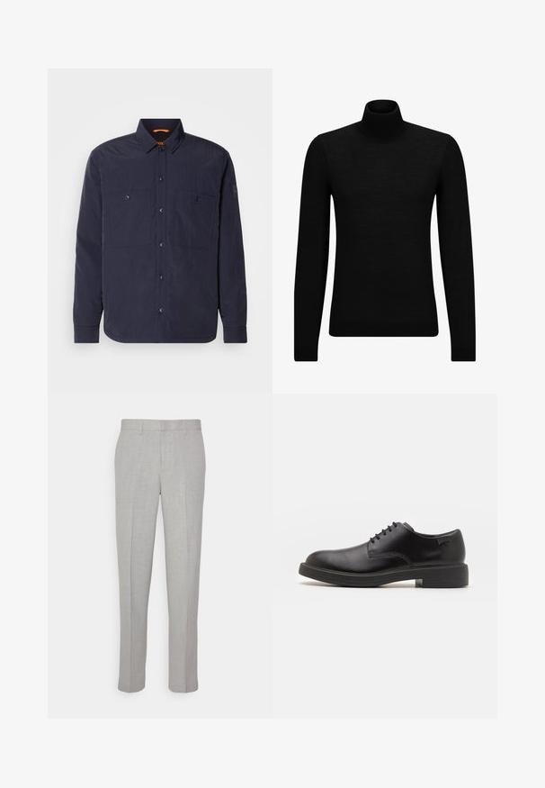 Camisa de botão azul marinho feita de tecido leve, com dois bolsos com aba, colarinho clássico e um detalhe laranja na gola.; Pulôver de gola alta preto, feito de material suave, com mangas longas e ajuste justo. Acabamento canelado na barra e punhos. Design simples.; Calças cinza claro com uma textura suave, frente lisa e pernas rectas. Feitas de um tecido respirável, com bolsos internos e passantes para cinto.; Sapatilha preta em couro, com atilhos, ponta arredondada, textura suave, costura mínima e um salto baixo em borracha. Logotipo no calcanhar.