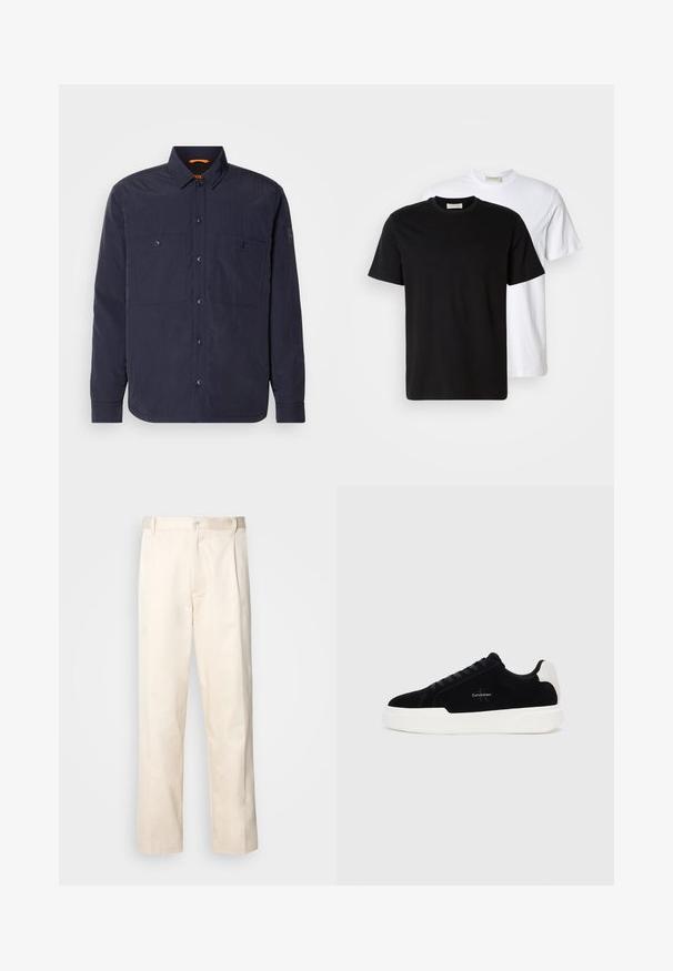 Tamsiai mėlynas mygtukų užsegimas marškiniai, pagaminti iš lengvos medžiagos, turintys dvi kišenes su užlenkimais, klasikinį apykaklę ir oranžinį akcentą ant iškirpės.; Du riebi medvilniniai marškiniai, vieni juodi, padėti prie baltų, abu trumpomis rankovėmis ir apvaliais iškirpimais.; Bežinės medvilninės kelnės su tiesiu kirpimu, turinčios mygtuko uždarymą ir priekyje raukšles papildomai dekoratyviam akcentui.; Juodos žemos sportinės bateliai su balta padais ir kulno juostele, susirišami priekyje, su Calvin Klein logo šone.