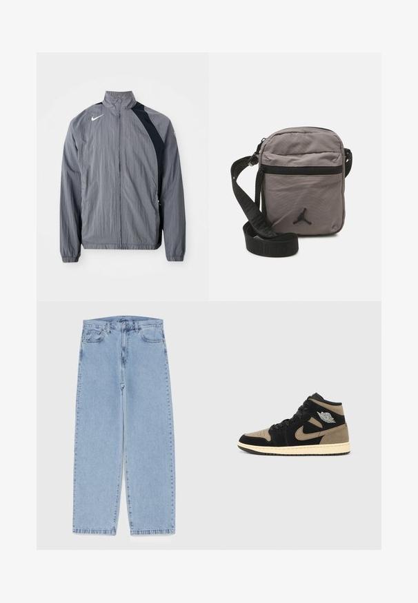 Szara, lekka kurtka wykonana z teksturowanej tkaniny, z wysokim kołnierzem, zamek błyskawiczny oraz czarne akcenty po jednej stronie. Widoczne logo Nike.; Jasnoniebieska bluza z grafiką misia z przodu. Wykonana z miękkiego materiału, z ściągaczami przy rękawach i klasycznym okrągłym dekoltem.; Jasnoniebieskie dżinsy o prostym kroju nogawki, z średnim stanem, pięcioma kieszeniami oraz zapięciem na guzik i zamek błyskawiczny.; Wysokie trampki wykonane z czarnego i beżowego zamszu, z perforowanym noskiem, beżową podeszwą środkową, czarnymi sznurowadłami oraz srebrnym logo po boku.; Szara nylonowa torba na ramię z zasuwaną przednią kieszenią, regulowanym czarnym paskiem oraz czarnym logo na przedzie. Kompaktowy i lekki design.