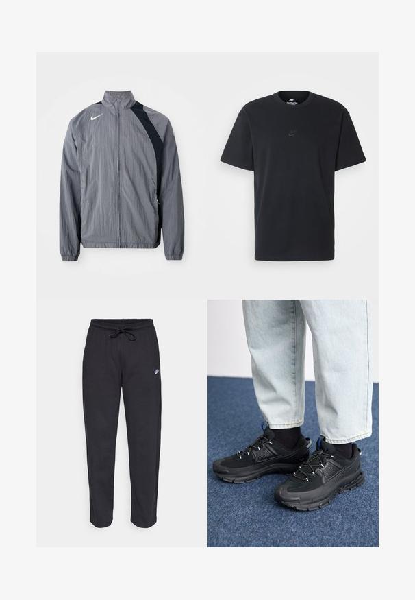 Grå lättviktsjacka i textil med struktur, med hög krage, dragkedjestängning och svarta detaljer på ena sidan. Nike-logotyp synlig.; Svart t-shirt i bomull från Nike med klassisk rund halsringning, korta ärmar och en diskret, präglad logotyp på bröstet. Slät textur.; Svarta träningsbyxor i mjukt tyg med elastisk midja, dragsko och en liten Nike-logotyp på vänster lår.; Svarta sportskor med texturerat tyg och gummisulor, med elastiska snörningar och en blå detalj på hälen. Bärs med ljusa jeans.