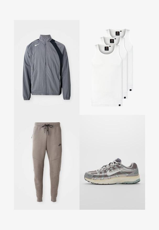 Grijze lichtgewicht jas van gestructureerde stof, met een hoge kraag, ritssluiting en zwarte accenten aan één kant. Nike-logo zichtbaar.; Drie witte geribde tanktops van katoen. Kenmerken zijn een ronde hals en kleine zwarte labels nabij de zoom. Verkrijgbaar in meerdere maten.; Grijze Nike-sweatpants met een verstelbare tailleband, taps toelopende benen, zijzakken en opvallende naaddetails. Zachte, gestructureerde stof.; Grijze sportieve schoen met een bovenwerk van mesh en suede, witte accenten, een gevoerde zool en een onderscheidend ontwerp met reflecterende elementen.