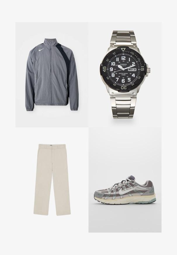 Pilkas lengvas džemperis, pagamintas iš tekstūruotos medžiagos, su aukštu apykakle, užtrauktuku ir juodais akcentais vienoje pusėje. Matomas Nike logotipas.; Balta medvilninė marškinė su trumpomis rankovėmis, apvaliu iškirpimu ir laisvu siluetu. Sklandus paviršius be matomų raštų ar akcentų.; Smėlinės pločių kojų kelnės su sklandi tekstūra, turinčios diržo kilpas, dvi priekinės kišenės ir užtrauktuką. Minimalistinis dizainas.; Pilkas sportinis batas su tinklu ir zomšos viršutine dalimi, baltomis detalėmis, paminkštintu padu ir išskirtiniu dizainu su atspindinčiais elementais.; Metalinis kvarcinis laikrodis su juodu ciferblatu, baltais skaičiais ir datos rodmeniu. Turi nerūdijančio plieno juostą ir atsparumą vandeniui iki 100 m.