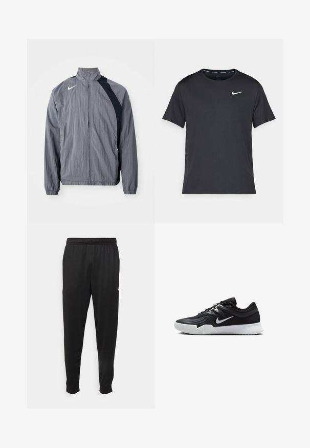 Grå letvægtsjakke lavet af tekstureret stof, med høj krave, lynlås lukning og sorte accenter på den ene side. Nike-logo synligt.; Sort Nike løbe T-shirt lavet af let, åndbart materiale, med korte ærmer og et lille hvidt logo på brystet.; Sorte atletiske bukser lavet af glat stof, med elastisk talje, smalnende ben og et lille hvidt logo på venstre side.; Sort atletiksko med en tekstureret overdel, hvid Nike swoosh og en hvid gummisål. Har en snørret design og dynamisk form.