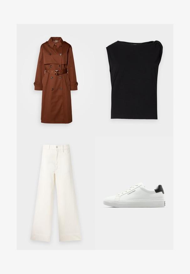 Bruine trenchcoat met een dubbelzijdige ontwerp, grote kraag, ceintuur in de taille en knoopmanchetten. Gemaakt van gladde stof en voorzien van zijzakken.; Zwart kortmouwtop gemaakt van soepel stof. Heeft een ronde halslijn en een gedrapeerd detail op de schouder. Eenvoudig, aansluitend ontwerp.; Bredere broek van lichtbeige katoen. Heeft een hoge taille, voorzakken en een rechte snit. Schoon afgewerkte zoom zonder patronen.; Witte sneaker met een gladde afwerking, zwarte hielaccenten en vetersluiting. Bevat "Calvin Klein" branding aan de zijkant. Minimalistische stijl.