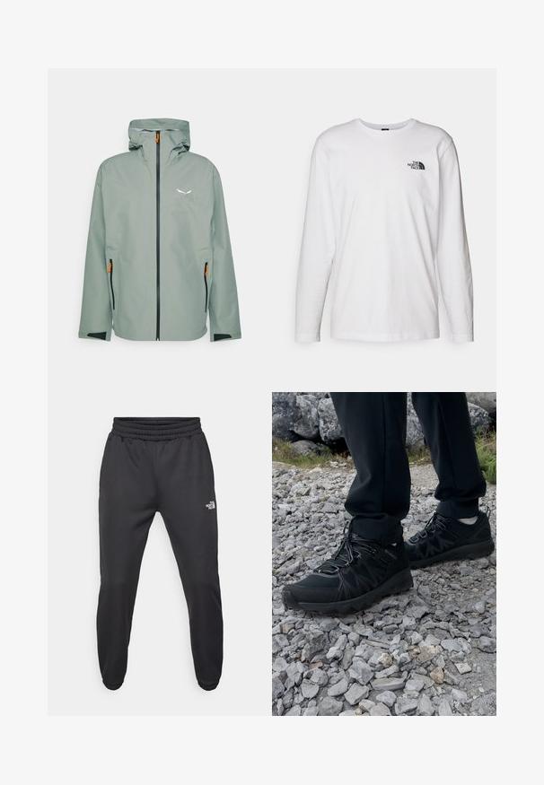 Voděodolná bunda v světle zelené barvě. Má přední zip, kapuci a boční kapsy s oranžovými akcenty. Hladká textura a moderní design.; Bílý dlouhý rukáv tričko vyrobené z bavlny s kulatým výstřihem. Na hrudi se nachází malé černé logo. Hladká textura, běžný střih.; Černé tepláky s nastavitelným pasem, zúženým střihem, elastickými manžetami a malým bílým logem na levém stehně, vyrobené z hladké tkaniny.; Černé venkovní boty z prodyšného a syntetického materiálu, s texturovaným svrškem, bezpečným šněrovacím systémem a robustní podrážkou, na skalnatém terénu.