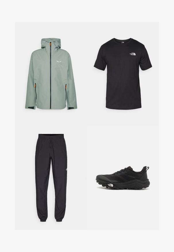 Vodoodporna jakna v svetlo zeleni barvi. Ima sprednji zadrgo, kapuco in stranske žepe z oranžnimi detajli. Gladka tekstura in sodoben dizajn.; Črna kratko sleeved majica iz bombaža, s krožnim izrezom in majhnim belim logotipom na zgornjem levem delu prsnega koša.; Črne atletske hlače iz lahkega materiala, ki imajo elastični pas z vezalko, stranske žepe in zožene manšete na gležnjih.; Črne tekaške čevlje za trail s teksturirano zgornjega dela, gumijastim podplatom in ojačanim zaključkom prstov. Vključuje oblazinjen ovratnik in zanko za enostavno obuvanje.