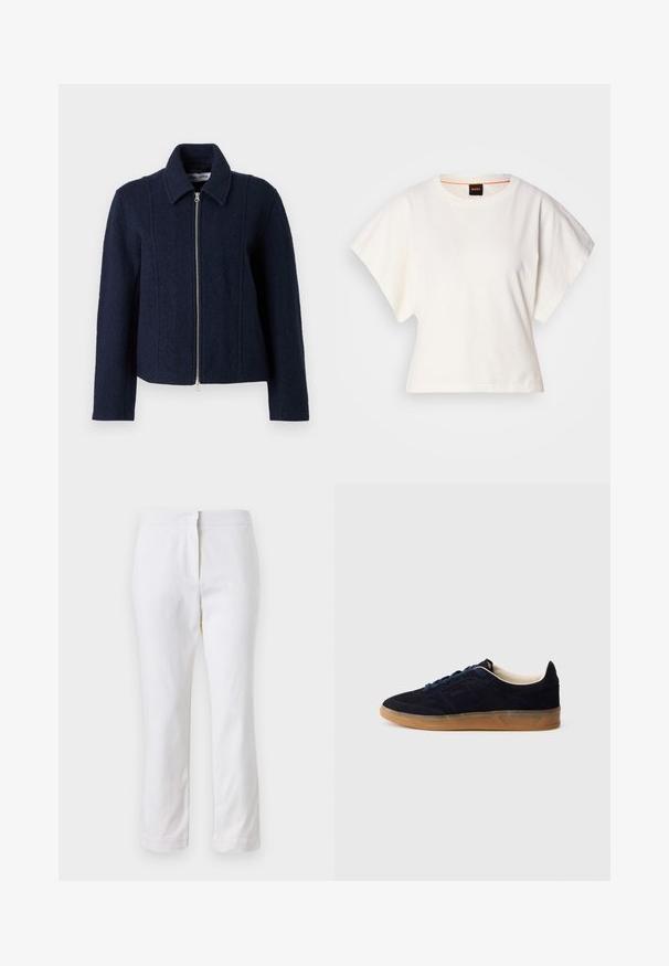 Navy blue jacket made of textured fabric. It features a zip front closure, a collar, and tailored seams for structured fit.; White cropped T-shirt, short wide sleeves, soft cotton material, round neckline with subtle orange trim, minimal design, no patterns or graphics.; White cotton pants with a straight leg design, featuring a mid-rise waist and no visible hardware or patterns. Smooth texture throughout.; Navy suede sneaker with a gum rubber sole, blue laces, and minimalist design. Features embossed logo on the side and smooth inner lining.