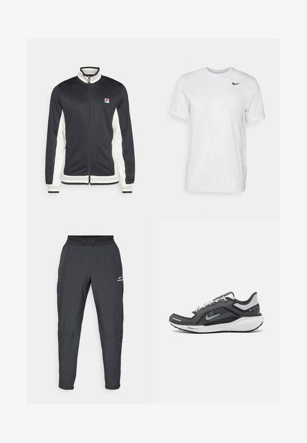 Fila JACKET BJÖRN - Spordijakk - black/white alyssum; Valge lühikeste varrukatega t-särk, mis on valmistatud siledast kangast. Omab ümmargust kaelust ja väikest musta Nike logo vasakul rinnal.; Nike Pro püksid tumehallis värvitoonis, millel on must elastne vöö, millel on kiri "PRD" ja "NIKE PRO", sile kangas, kitsenev disain ja peened õmblemise detailid.; Mustern ja hallide värvusega spordijalats, millel on võrgusilmast ülemine osa, peegeldavad aktsendid ja valge vaheosa. Omab tekstuuriga kummist välisosa ja kingapaelu.