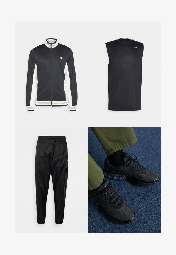 Fila JACKET BJÖRN - Trainingsvest - black/white alyssum; Zwarte mouwloze sportshirt gemaakt van gladde stof, met een ronde hals en een klein wit Nike swooshlogo aan de bovenlinkerkant.; Zwarte trainingsbroek van lichtgewicht, glanzend materiaal met een elastische tailleband, een taps toelopende pasvorm en ritszakken. Kenmerkt zich door een logoaccent.; Zwarte sportschoenen met een bovenwerk van gaas, een gestructureerde oppervlakte en zichtbare luchtkussens. Gecombineerd met olijfgroene broeken en zwarte sokken.