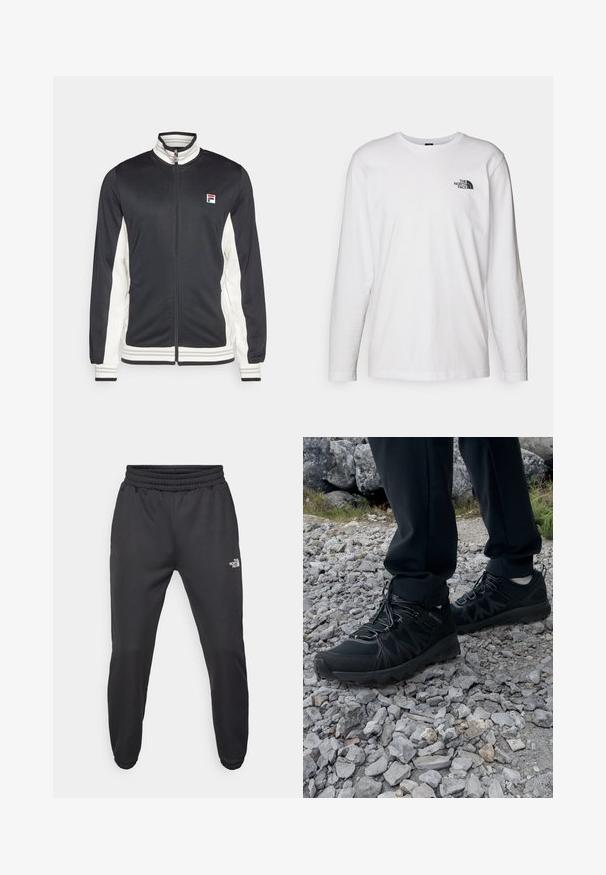 Fila JACKET BJÖRN - Træningsjakke - black/white alyssum; Hvid langærmet T-shirt lavet af bomuld med rund hals. Har et lille sort logo på brystet. Glat tekstur, almindelig pasform.; Sorte sweatpants med snor i livet, tætsiddende pasform, elastiske manchetter og et lille hvidt logo på venstre lår, lavet af glat stof.; Sorte udendørssko med mesh og syntetisk materiale, med en tekstureret overdel, sikre snørebånd og en robust ydersål, på klippelandskab.